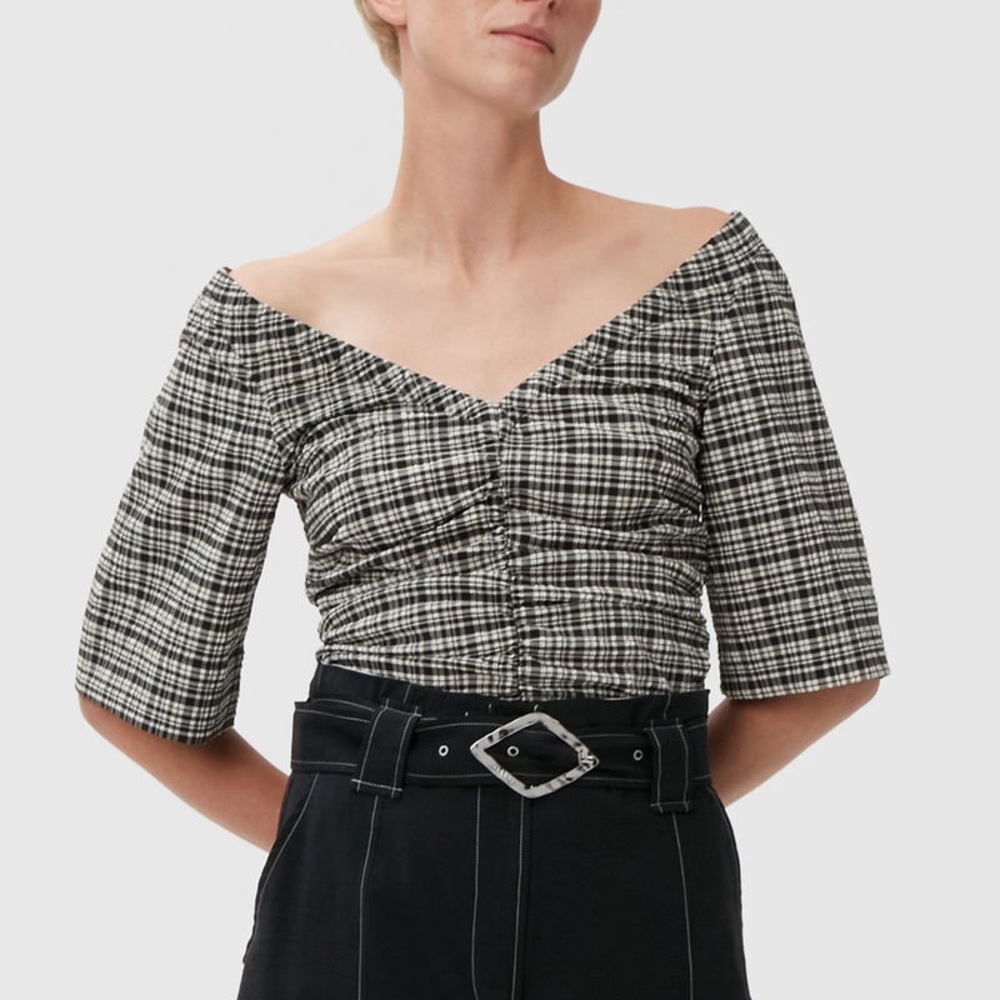 Ganni Seersucker Off-Shoulder Women's Top